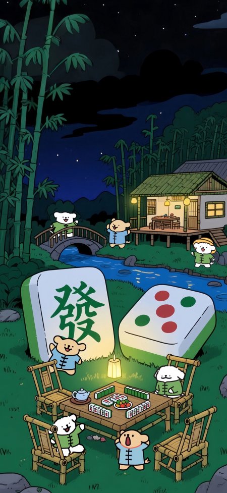 国风萌宠竹林夜场麻将发字牌动漫手机壁纸