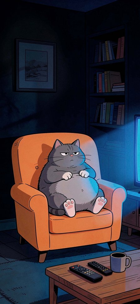 橘沙发肥猫慵懒看电视插画治愈动漫手机壁纸
