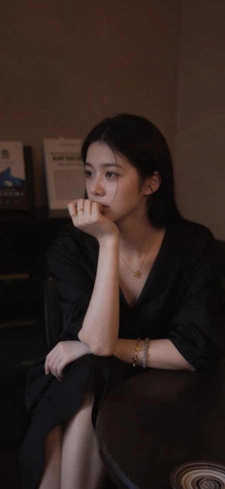 咖啡馆沉思氛围感黑发美女手机壁纸