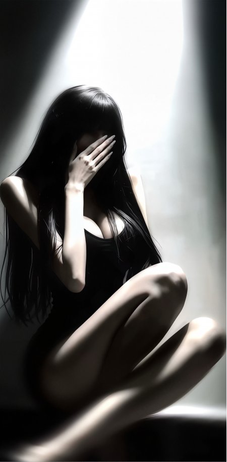 聚光灯遮脸神秘黑发少女插画动漫手机壁纸