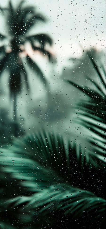 雨滴玻璃窗后翠绿棕榈叶朦胧雨季风景手机壁纸