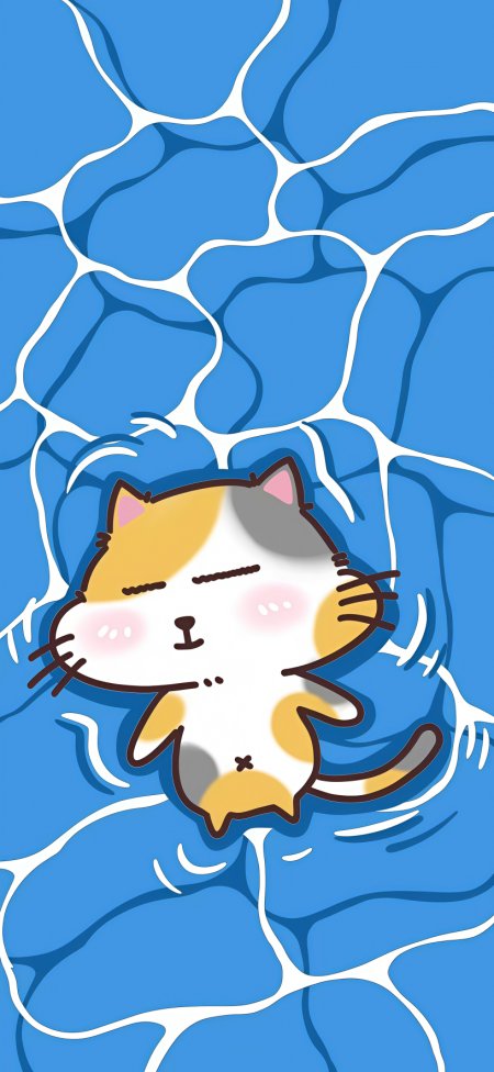 三花猫仰躺泳池夏天清爽治愈手机壁纸