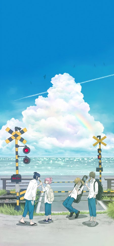 海边铁路道口夏日少女校服彩虹动漫手机壁纸