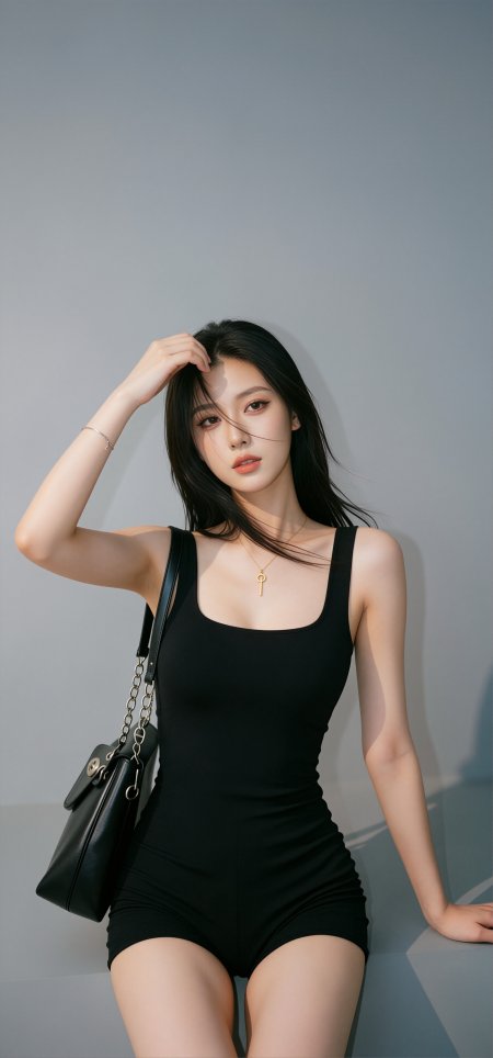 极简灰墙黑色连体衣链条包美女手机壁纸
