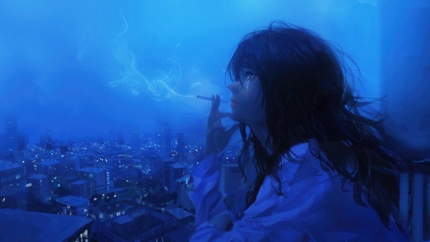 抽烟哭泣少女蓝调夜城二次元动漫电脑壁纸