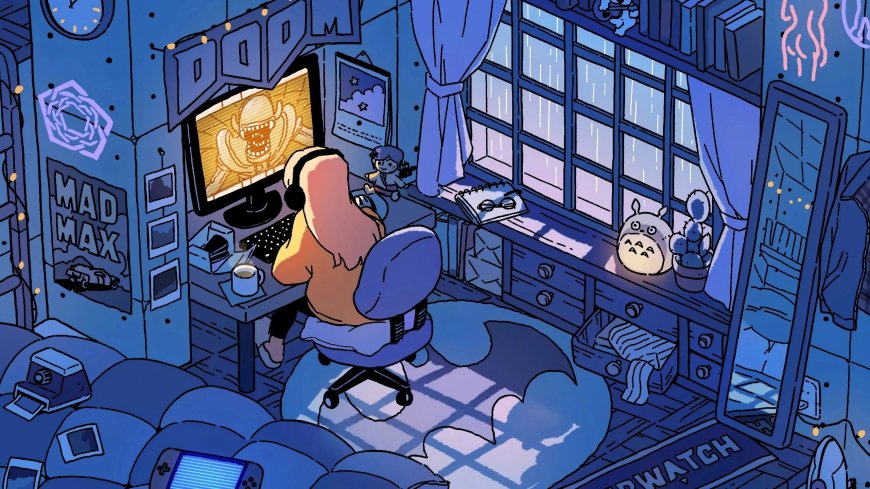 橙发少女深夜房间耳机游戏二次元动漫电脑壁纸