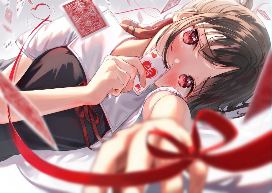 扑克牌红桃少女红丝带唯美二次元动漫电脑壁纸