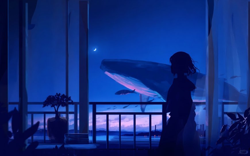 唯美星空大鲸鱼少女剪影二次元风景电脑壁纸