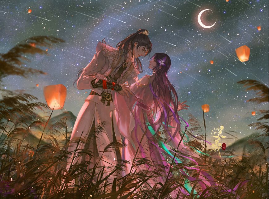 古风情侣流星雨孔明灯汉服少女二次元动漫电脑壁纸