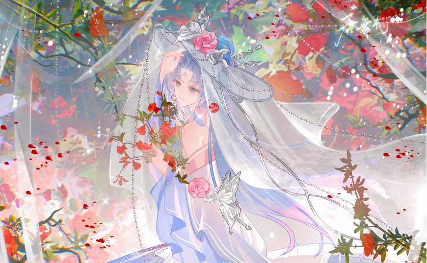 唯美蓝发披白纱红玫瑰少女二次元动漫电脑壁纸
