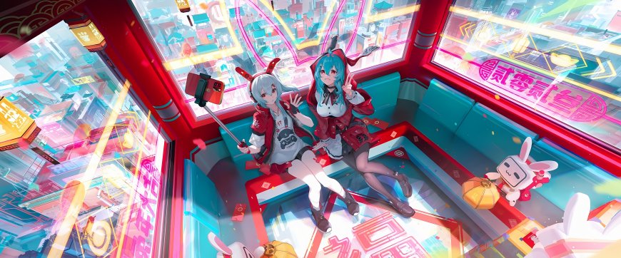 哔哩哔哩双站娘缆车夜景少女二次元动漫电脑壁纸