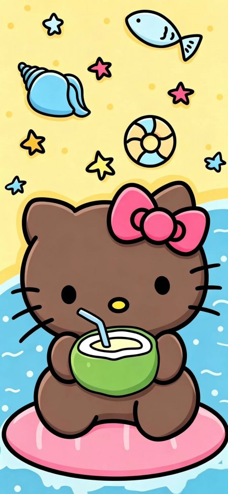 三丽鸥凯蒂猫夏日椰子沙滩动漫手机壁纸