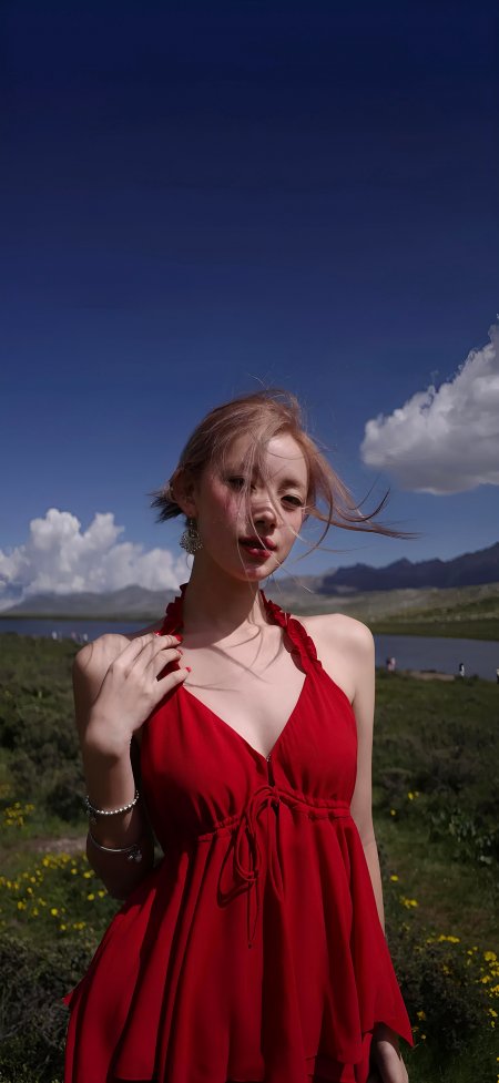 粉发红裙山湖蓝天旅拍美女手机壁纸