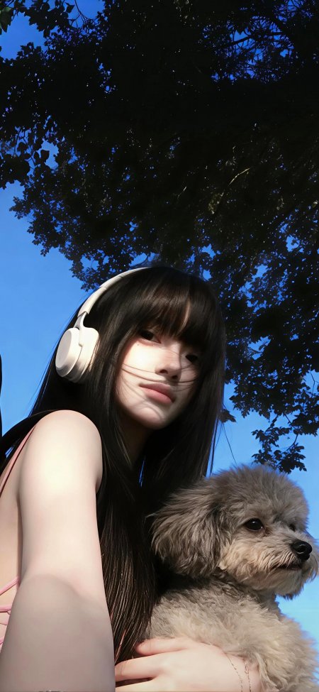 清新戴耳机抱灰泰迪蓝天美女手机壁纸