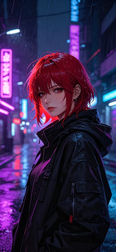 红发少女雨夜霓虹机能服动漫手机壁纸