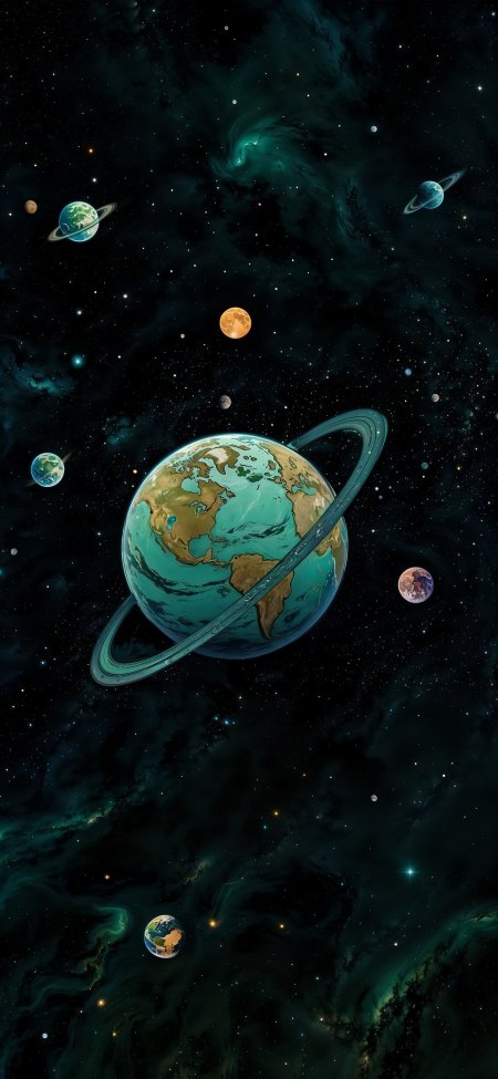 环绕地球青绿星云星系创意手机壁纸