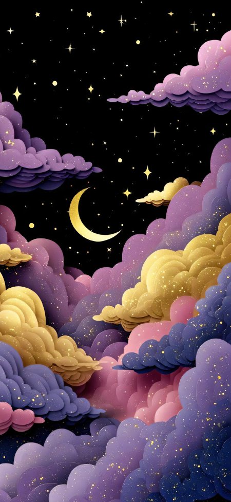 剪纸弯月紫金云层梦幻创意手机壁纸