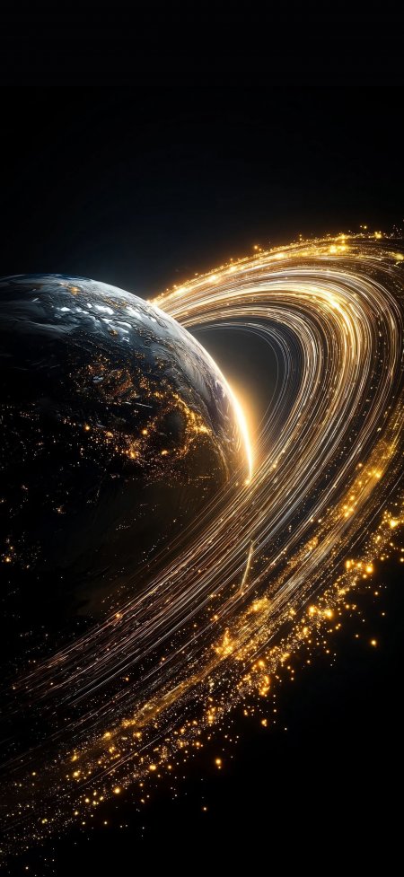 金色光环夜地球轨科幻创意手机壁纸