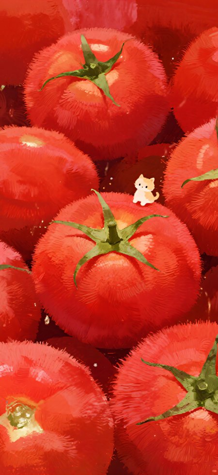 红番茄迷你小猫可爱插画动漫手机壁纸