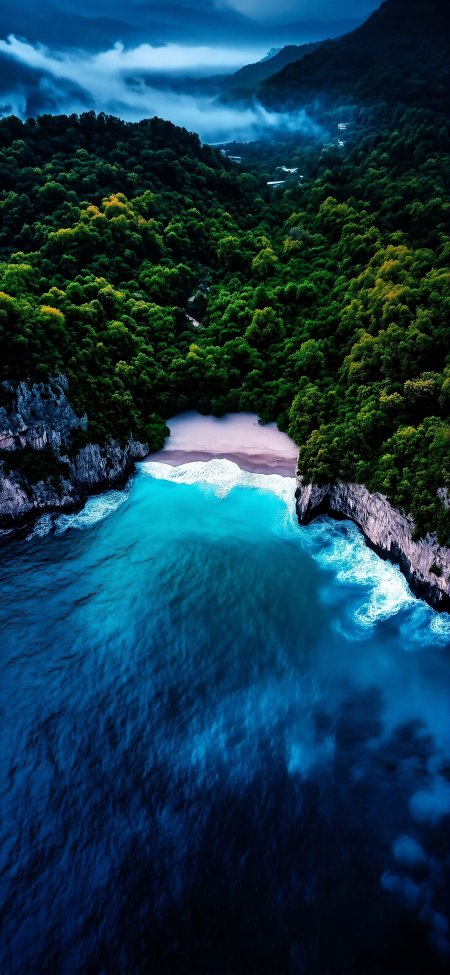 俯拍翡翠海湾白沙密林风景手机壁纸