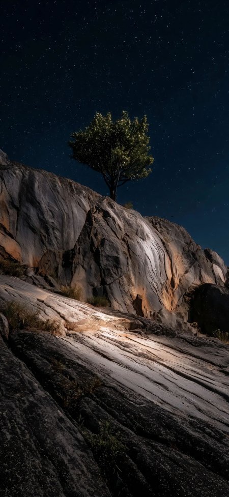 悬崖孤树星空岩壁夜景风景手机壁纸