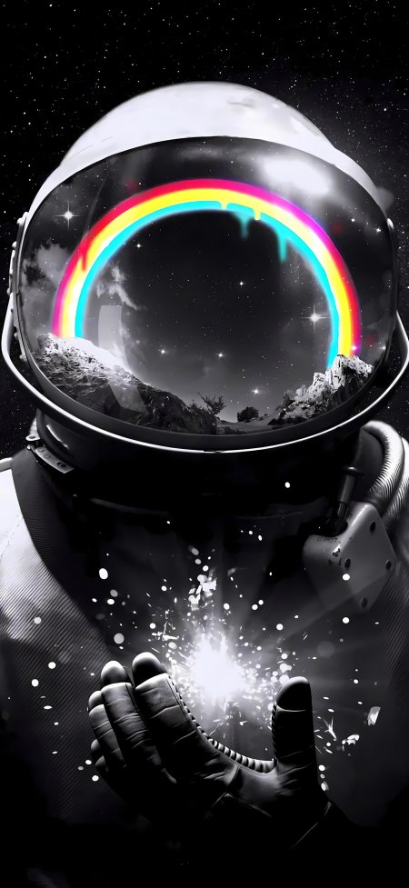 宇航员面罩彩虹星光手捧创意手机壁纸