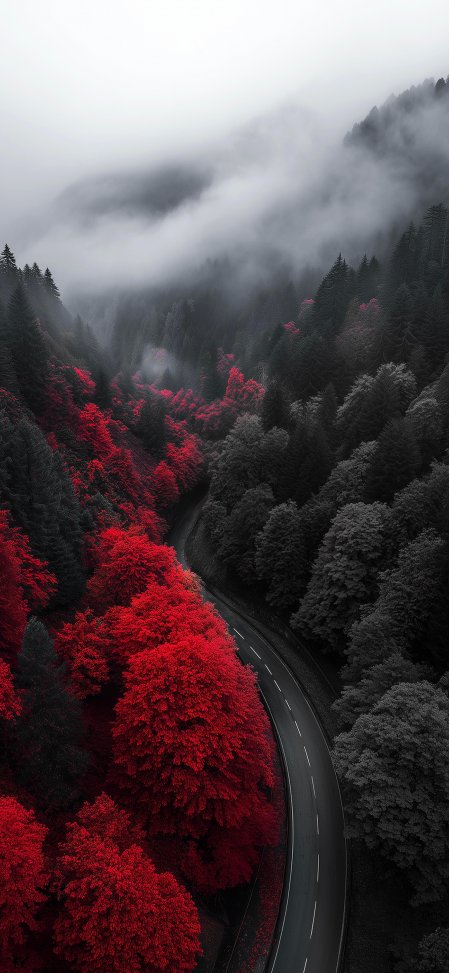 红黑森林蜿蜒公路雾山风景手机壁纸