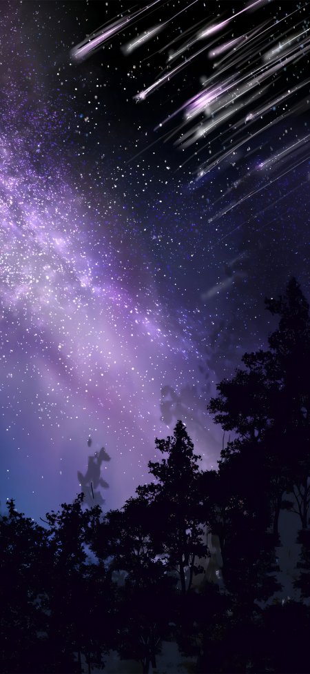 紫蓝星空流星雨森林风景手机壁纸