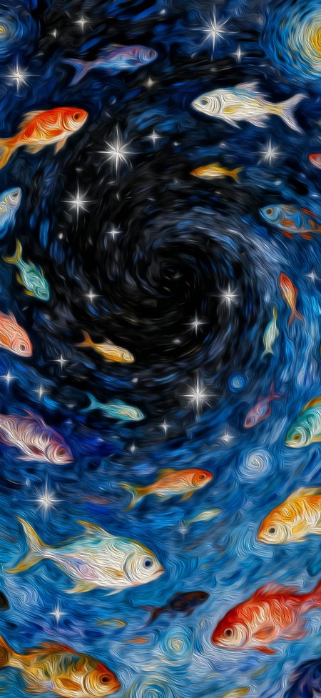 星空漩涡彩鱼油画梦幻创意手机壁纸