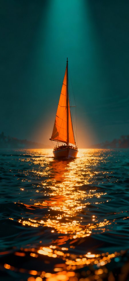 橙帆小船金色海面光柱风景手机壁纸