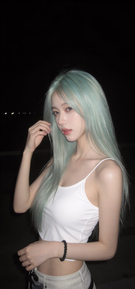 薄荷绿长发夜景白吊带美女手机壁纸