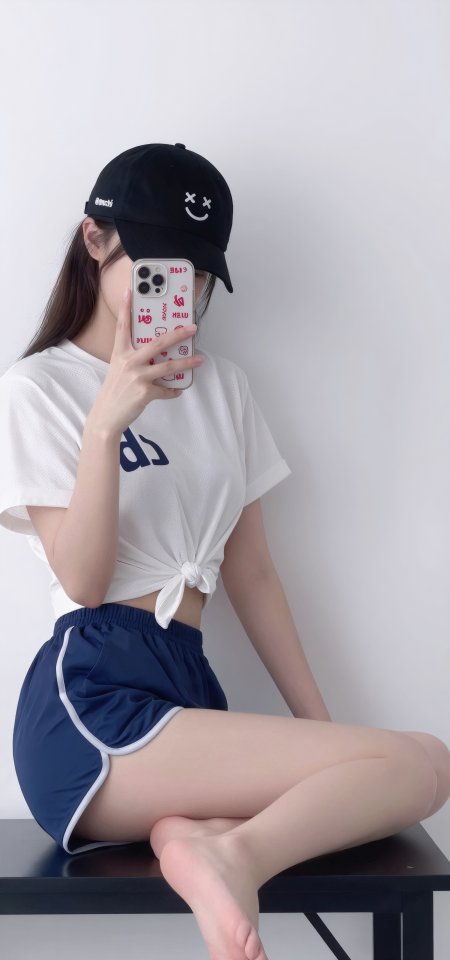 笑脸棒球帽白衣短裙美女手机壁纸