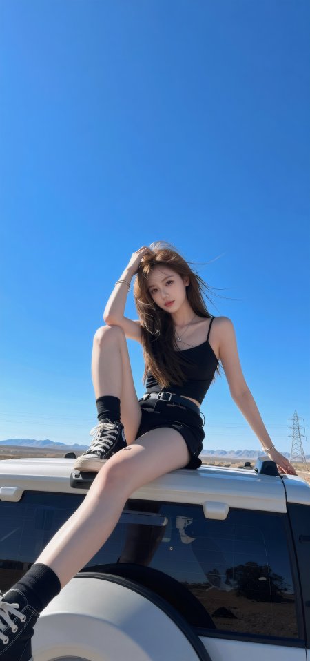 沙漠蓝天车顶黑背心美女手机壁纸
