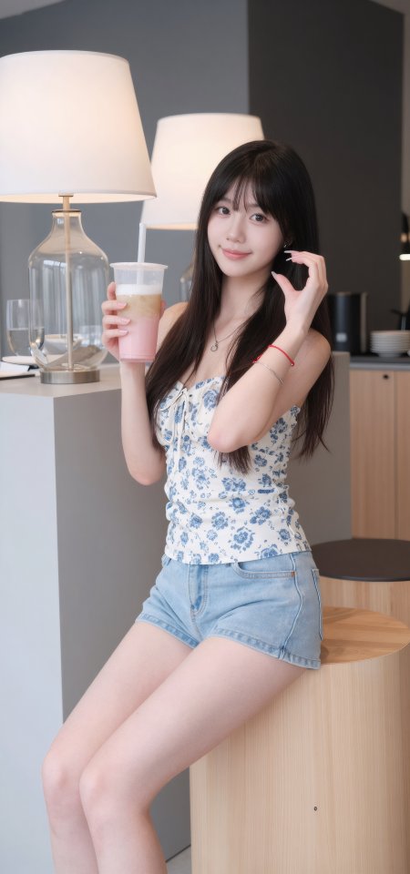 碎花吊带牛仔短裤饮品美女手机壁纸