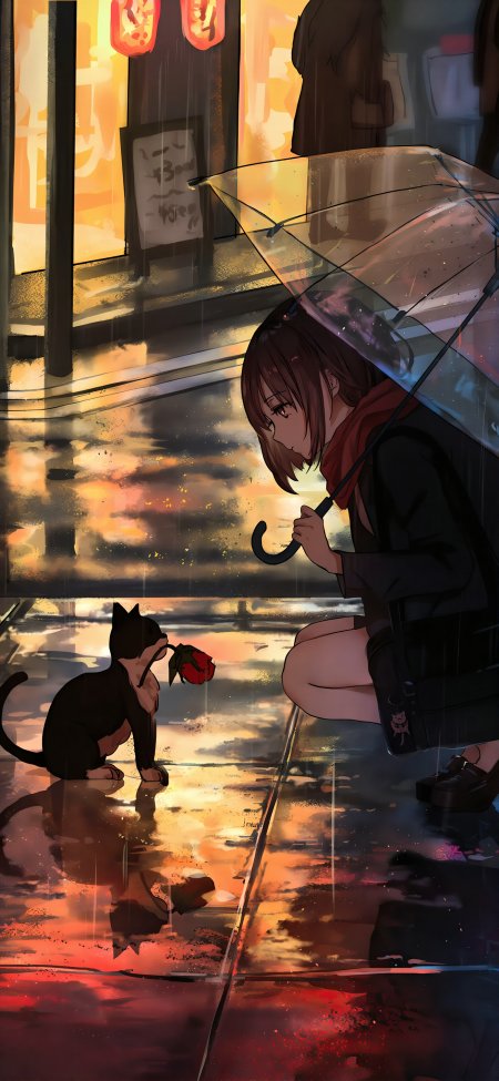 雨夜少女红围巾黑猫送玫瑰动漫手机壁纸