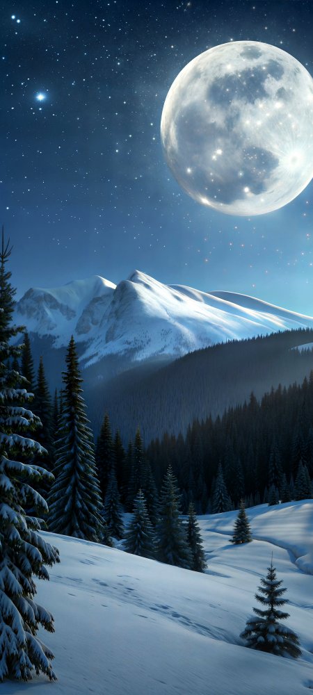 满月雪山星空松林冬夜风景手机壁纸