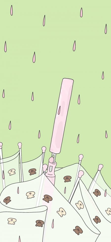 薄荷绿粉雨滴熊伞可爱清新创意手机壁纸