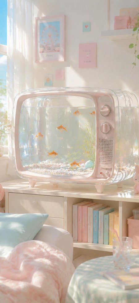 粉色复古电视金鱼缸居家创意手机壁纸