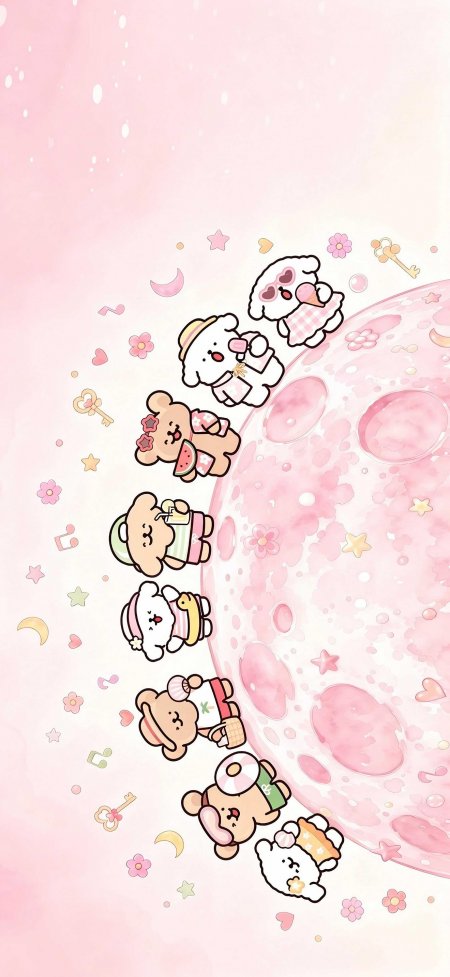 粉月小狗小熊夏日排队创意手机壁纸