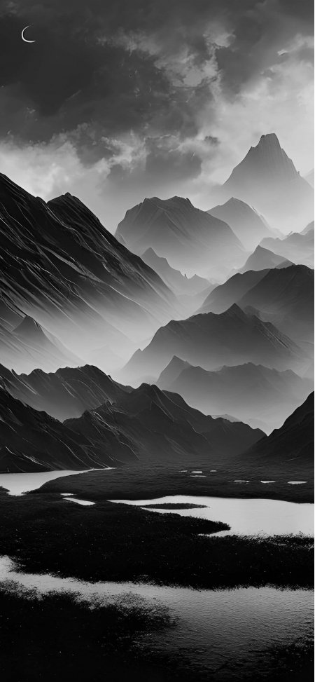 黑白月牙雾山湖谷夜景风景手机壁纸