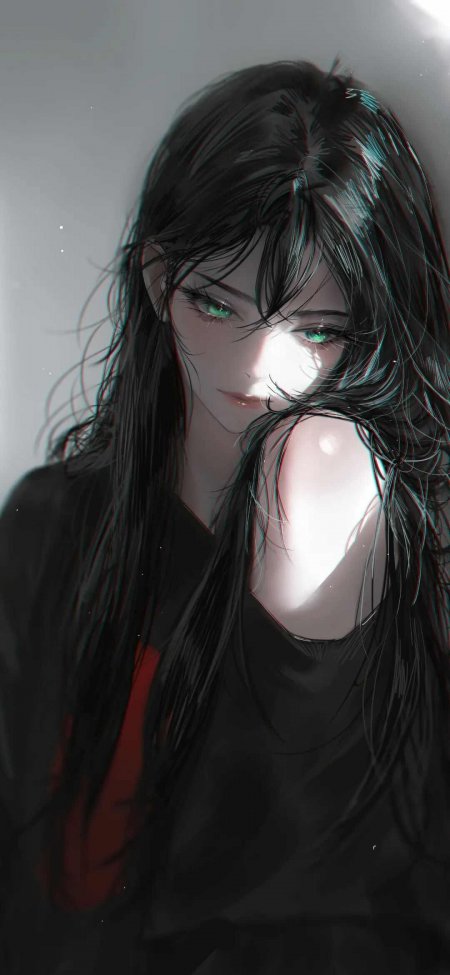 黑发绿瞳少女露肩冷艳光影动漫手机壁纸