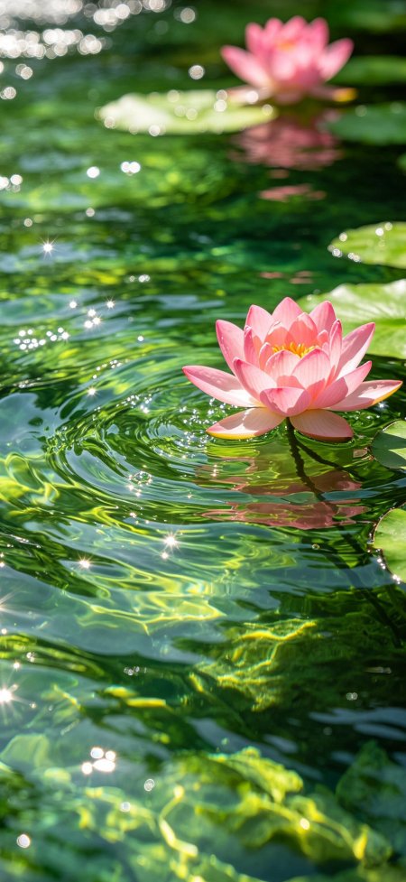 碧水粉莲波纹闪光清澈夏日风景手机壁纸