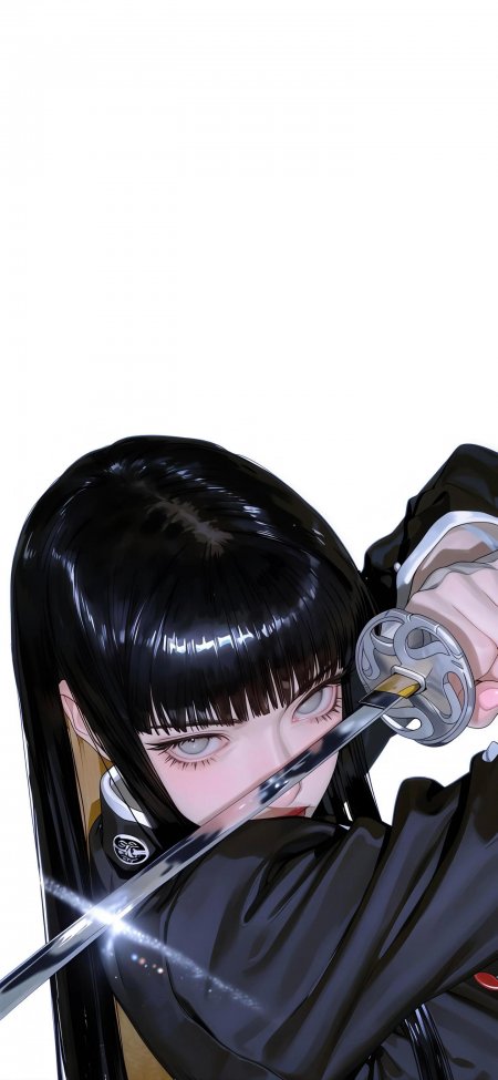 黑发银瞳少女举刀凝视冷艳动漫手机壁纸