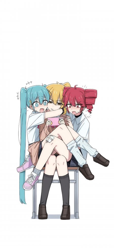 初音未来三少女挤椅看手机动漫手机壁纸