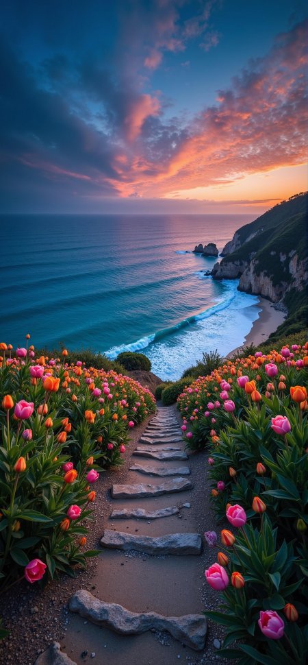 粉橙郁金香石阶通向海边夕阳风景手机壁纸