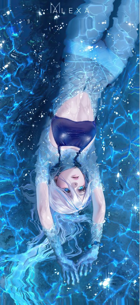 白发蓝瞳少女水中漂浮光斑动漫手机壁纸