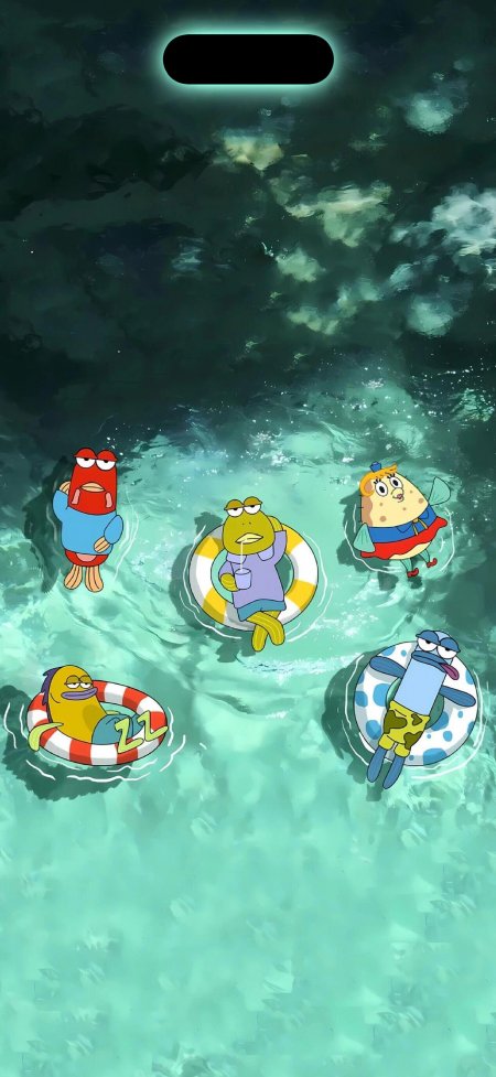 海绵宝宝鱼群浮圈碧海俯拍动漫手机壁纸