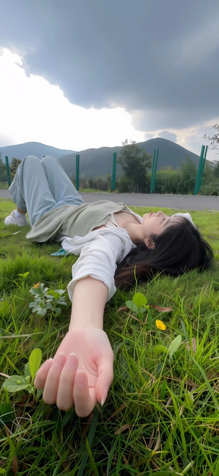 草地躺平长发仰望天空美女手机壁纸