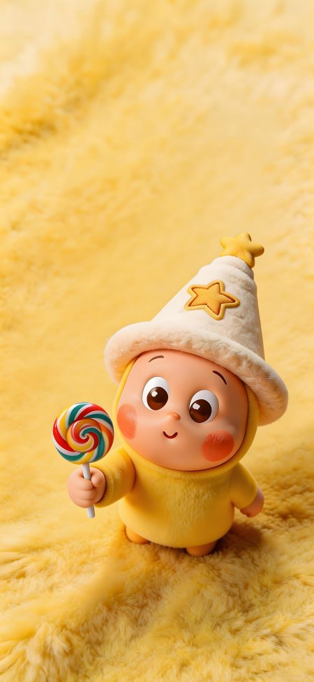 黄色毛绒星帽棒棒糖玩偶创意手机壁纸