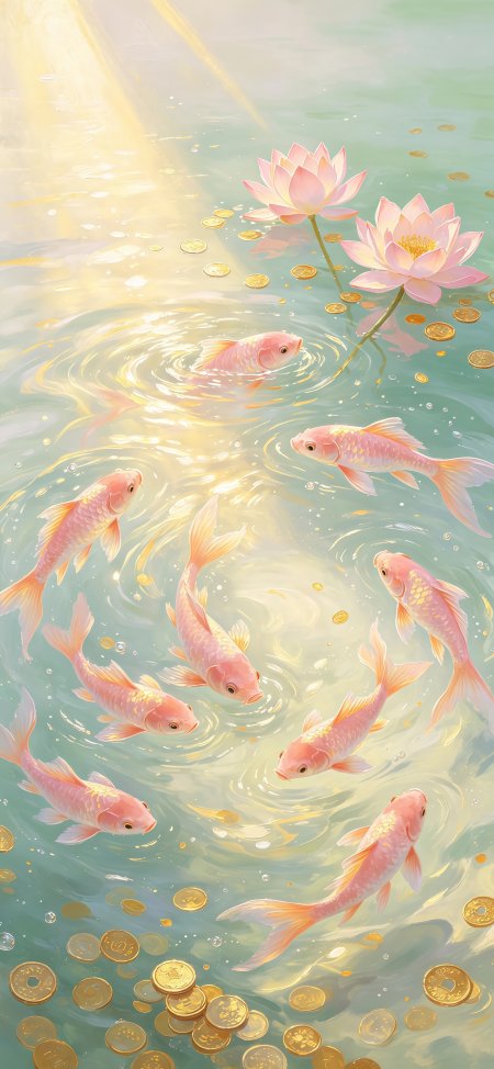 粉锦鲤莲花金币祥瑞光影创意手机壁纸